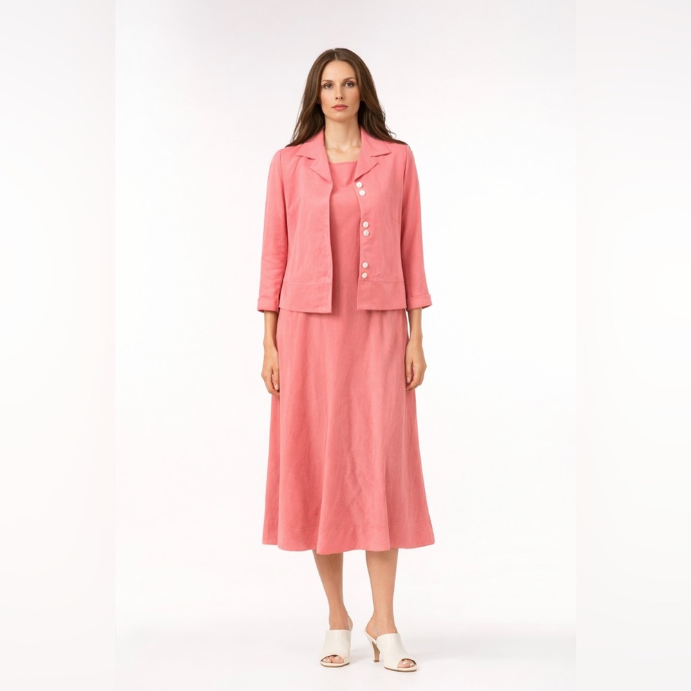 Talbots Dress & Jacket Suit Petite Salmon Pink Linen Blend Mid Calf Midi